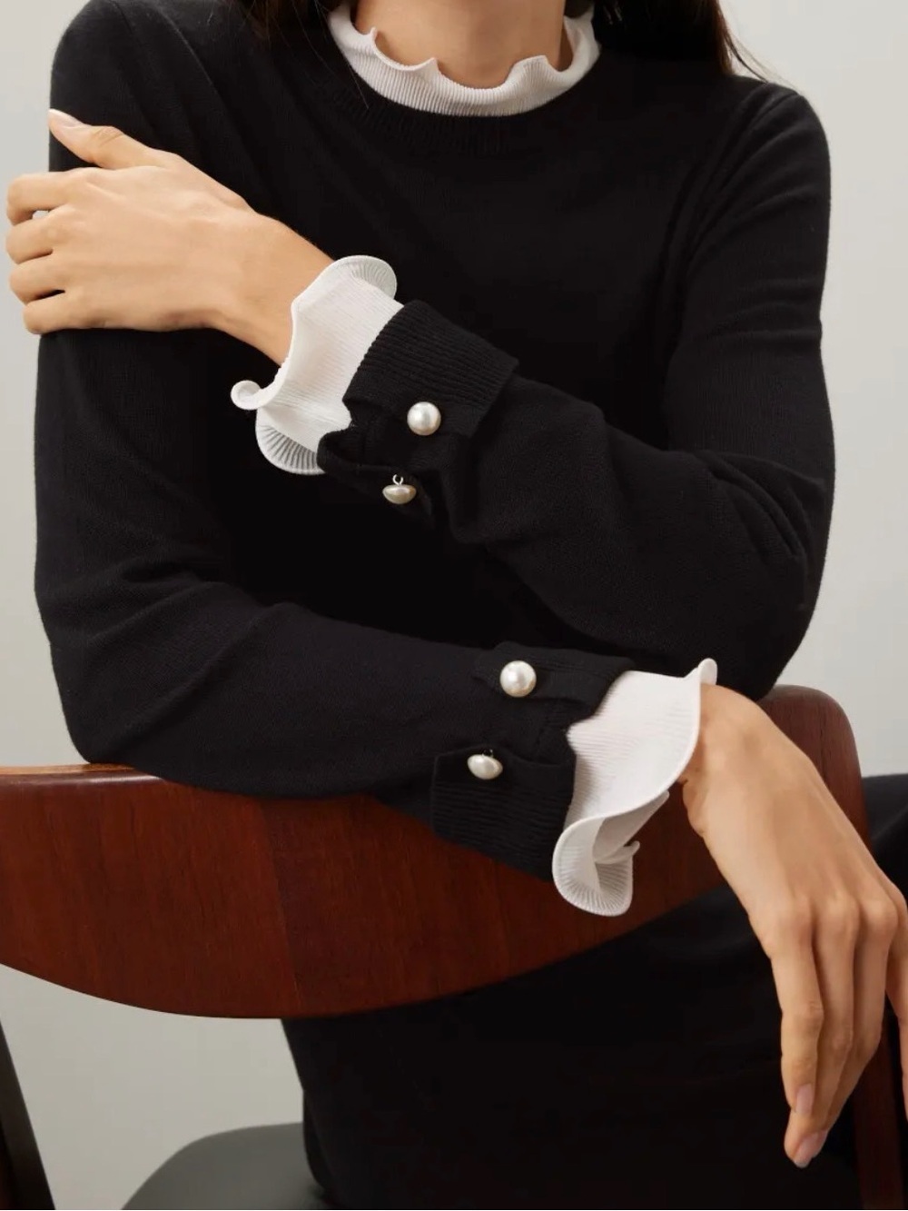 CeCe Black Long-Sleeve Knit Dress with White Ruffle Trim - Picture 4 of 11